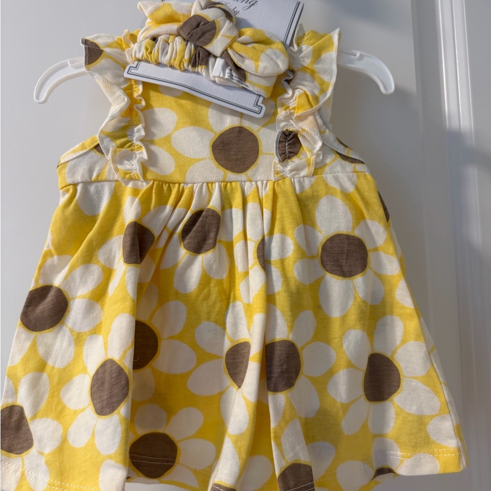 Yellow Daisy Print Baby Dress with Headband - 3 piece set - 3 mo